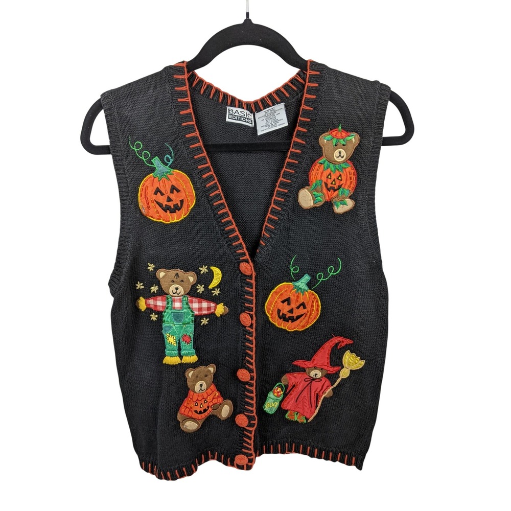Basic Editions Womens Small Halloween Sweater Vest Black Witchy Pumpkin Knit